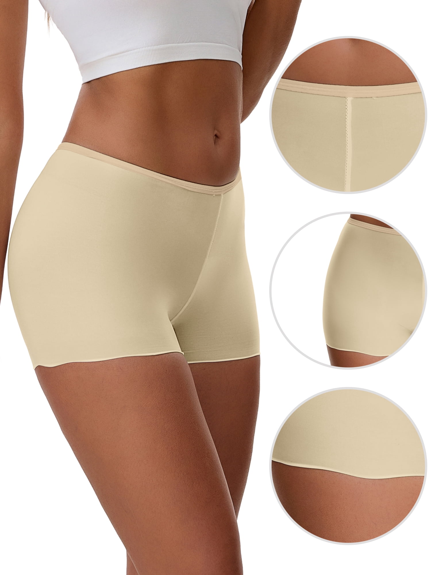 Unique Bargains Seamless Ice Silk Lace Trim Slip Shorts L Beige Y1