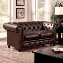 JERFIT Modern Chesterfield Loveseat Sofa with Button Tufted Back and Rolled Arms, Faux Leather Upholstery and Nailhead Trim for Living Room, Brown