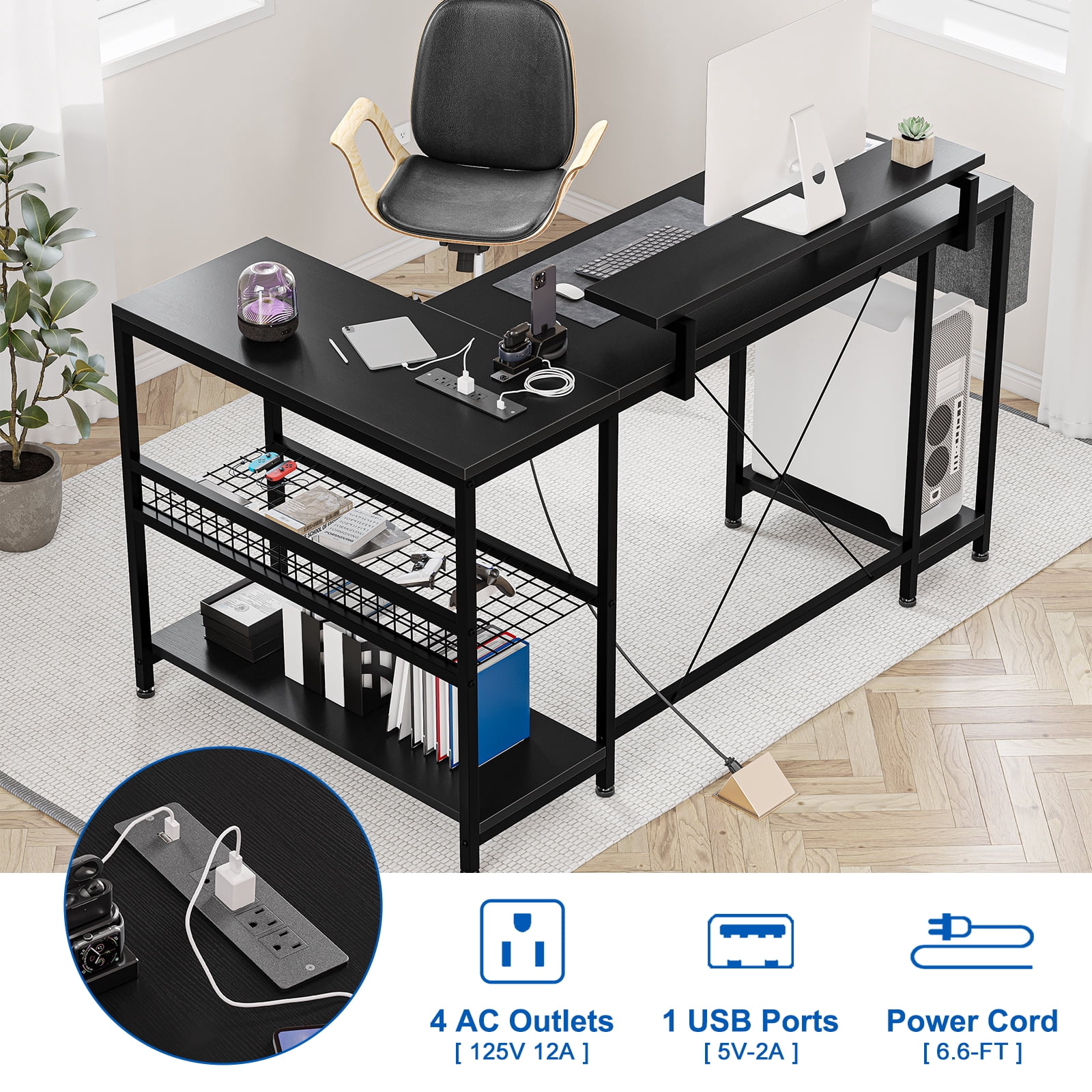 L Shaped Desk, Computer Gaming Desk with Power Outlet & Led Light, Reversible Corner Desk with Monitor Stand & Storage Shelves, Storage Bag for Home Office