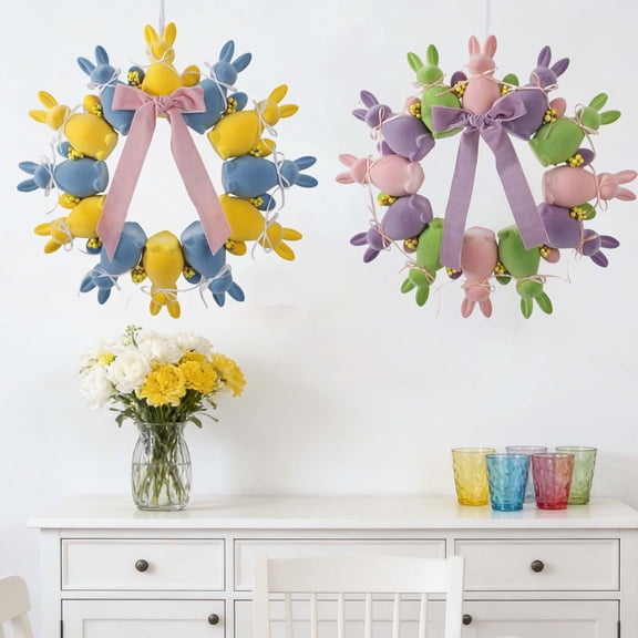 LHNFT Easter Bunny Wreath for Front Door, 18 Inch Spring Wreath with Flocked Bunnies, Berries & Bows, Pink/Yellow Home Decor for Easter, Table Centerpiece