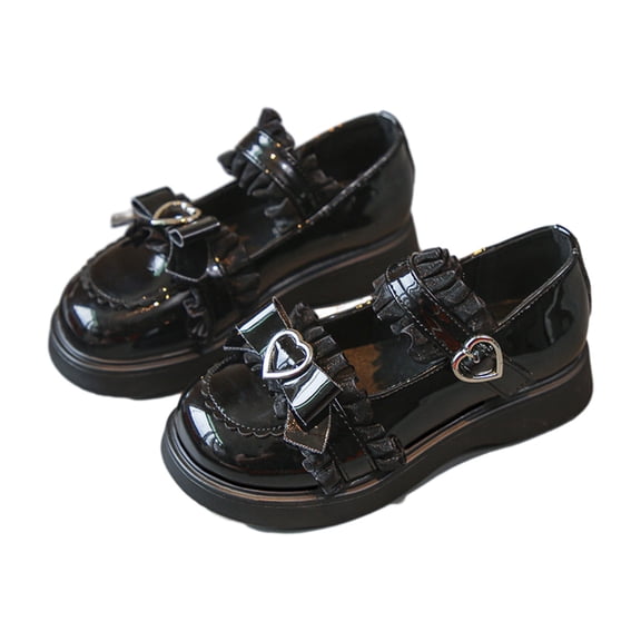 Xfvqtps Ladys Loafer Shoes Thick Bottom Round Toe Bowknot Lace Metal Love Adjustable Buckle Soft Sole Patent Leather Shoes Heel High 3CM Black