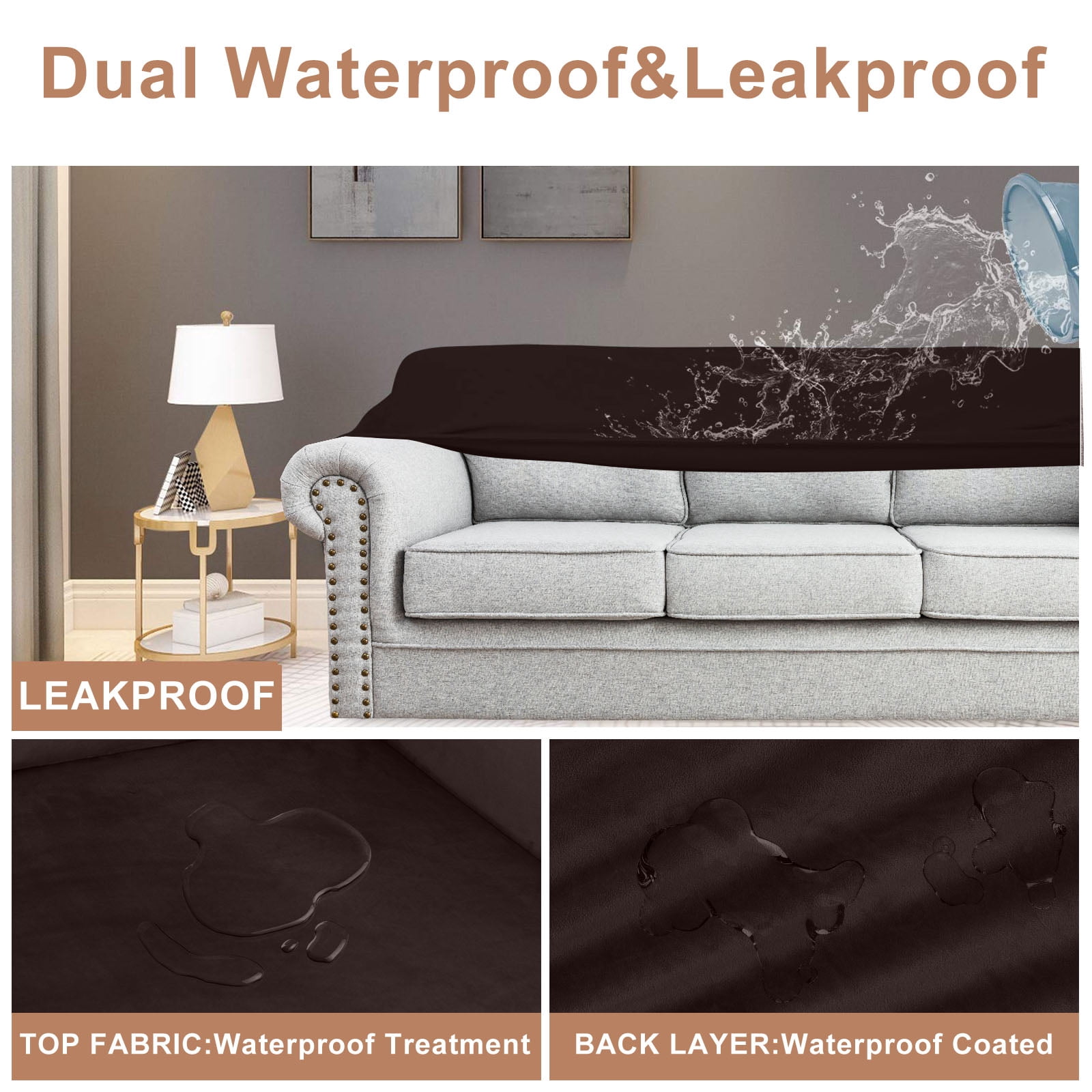 SANMADROLA 100% Waterproof Couch Covers Velvet Stretch Slipcover for 3 Cushion Sofa Cover Non Slip Leakproof Washable Furniture Protector for Kids Dogs Cats Pets, Brown, Oversized Sofa