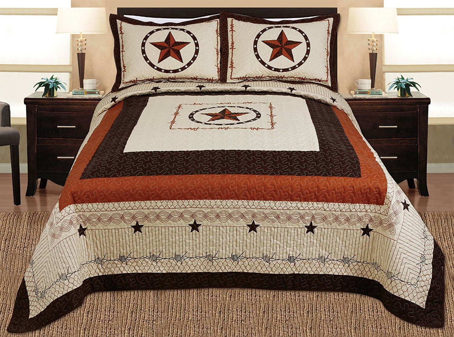 3Pcs Western Design Cross Barbed Wire Quilt BedSpread Comforter Style TURQ-King 