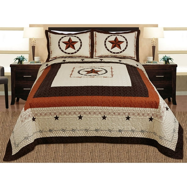 Golden Linens 3 Piece Western Lone Star Barb Wire Cabin Lodge