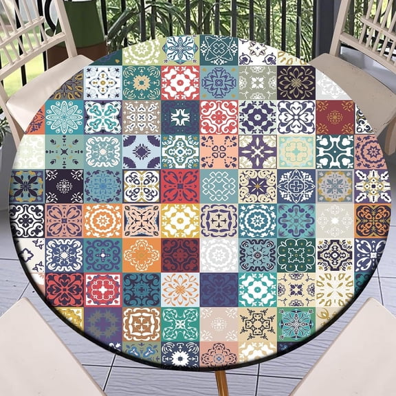 Elastic Tablecloth for Round Tables Outdoor Fitted Tablecloths with Elastic Waterproof Wipeable Table Cloths for Indoor,Picnic,Kitchen,Dinner (52"-56")