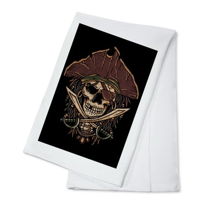 - Distressed Skull Pirate - Lantern Press Artwork (100% Cotton Kitchen Towel)