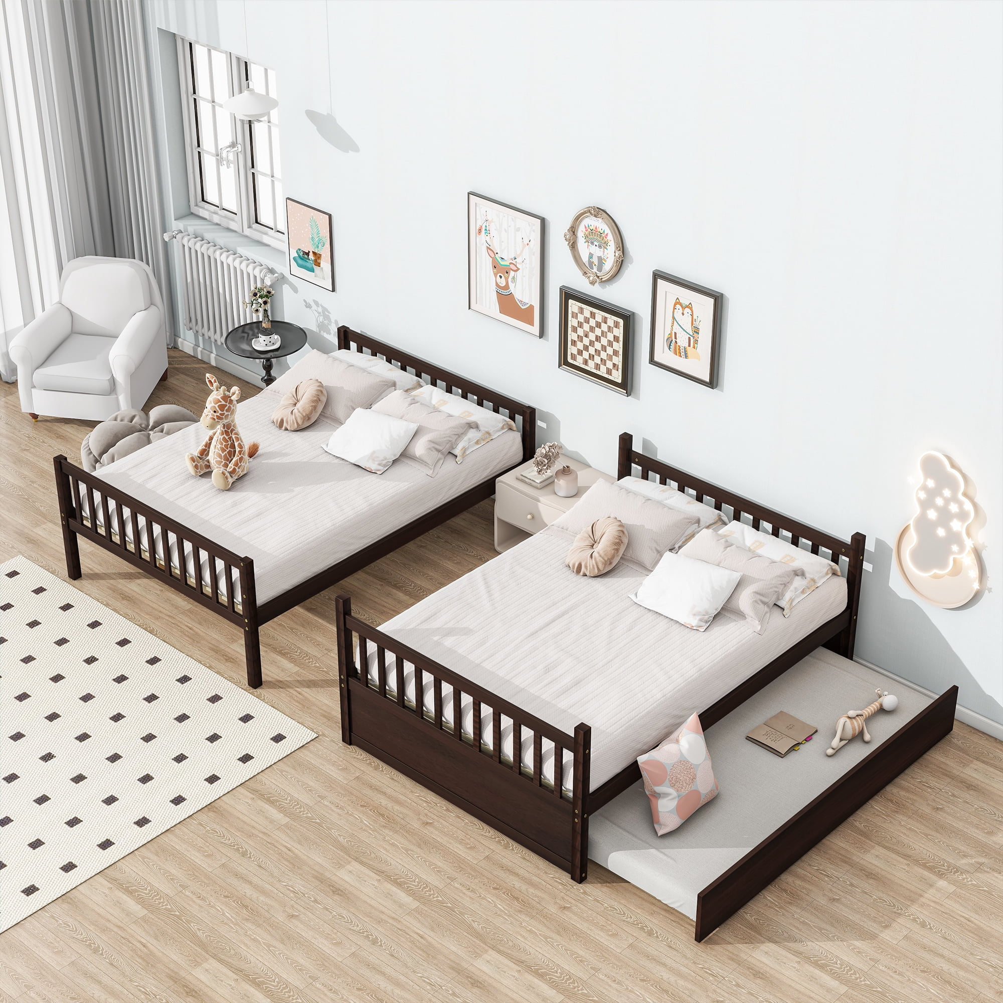 Leumius Full Over Full Size Bed Frame with Trundle, Ladder and Guardrails, Convertible to 2 Full Size Beds, Rubber Wood Bed with Twin Size Trundle for Boys Girls Espresso