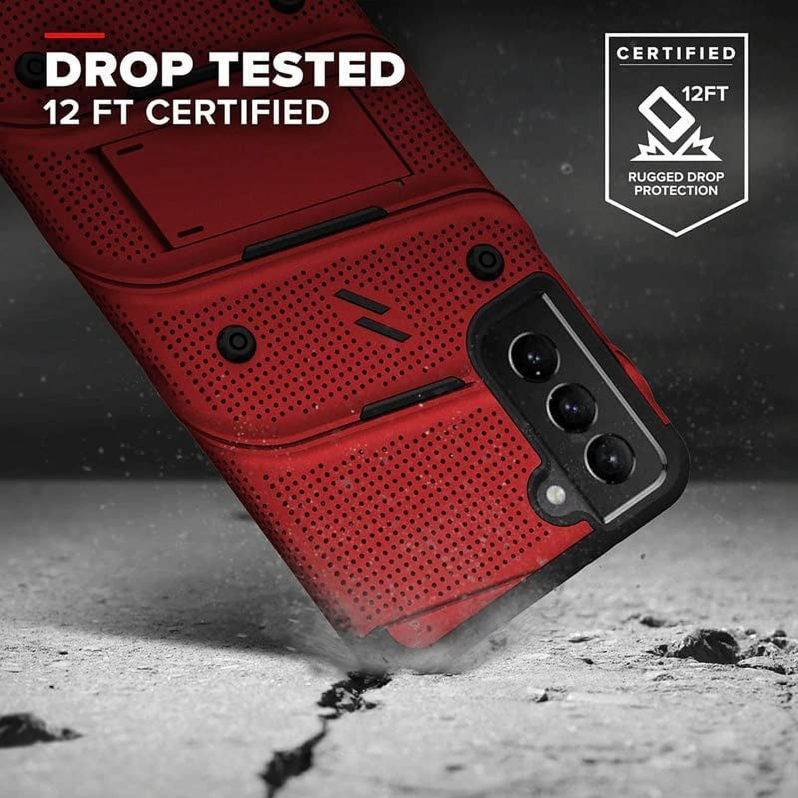 ZIZO BOLT Bundle for Galaxy S21 FE Case with Screen Protector Kickstand Holster Lanyard - Red & Black