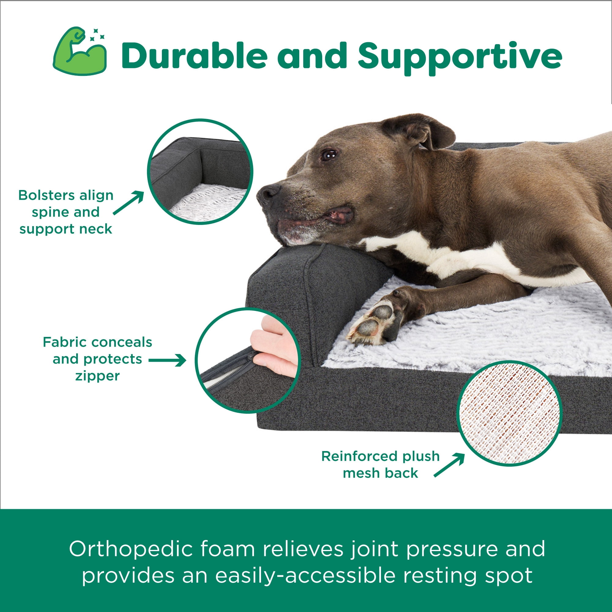 FurHaven Large (27"x36") Cooling Gel Dog Bed – Birch Faux Fur & Soft Faux Linen Modern Sofa Pet Bed, Orthopedic Foam, Removable Washable Cover, Charcoal