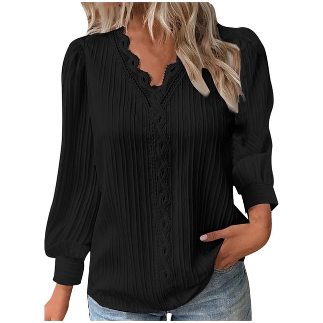 Blusa de manga larga con cuello en V y volantes para mujer - Camisa elegante con encaje floral y botones