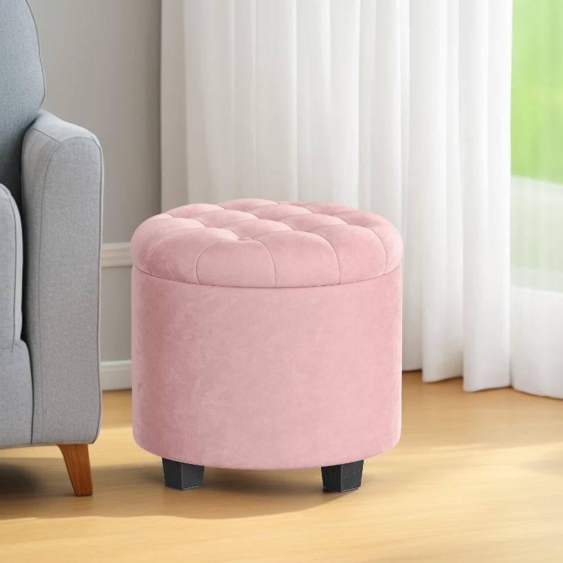 LEDREM Round Velvet Storage Ottoman - 17.7" Foot Rest Stool with Hidden Compartment, 330lb Capacity, for Living Room, Bedroom, Dorm, Jelly Pink