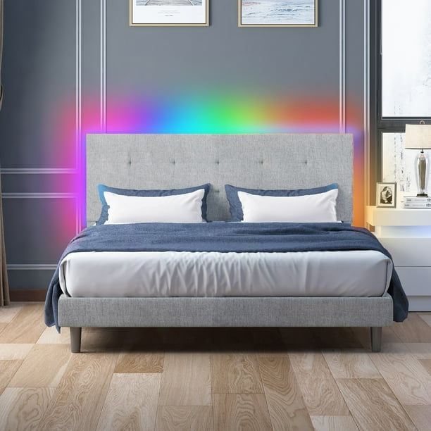 MUZZ King size LED bed with headboard - Modern Dark Grey Upholstered faux leather Platform Bed Frame with LED Lights behind the headboard, Solid Wooden Slats Support, (King, Light - Walmart.com