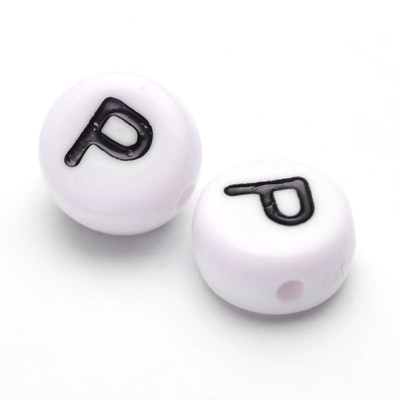 500g Acrylic Beads with Horizontal Hole Letter Flat Round Letter.P 7x4mm Hole: 1mm 3500pcs/500g