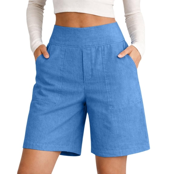Women's Cotton Linen Mid Rise Elastic Waist Shorts with Pockets Cozy Fashion Solid Casual Knee Length Summer Beach Daily Shorts 06-Light Blue S