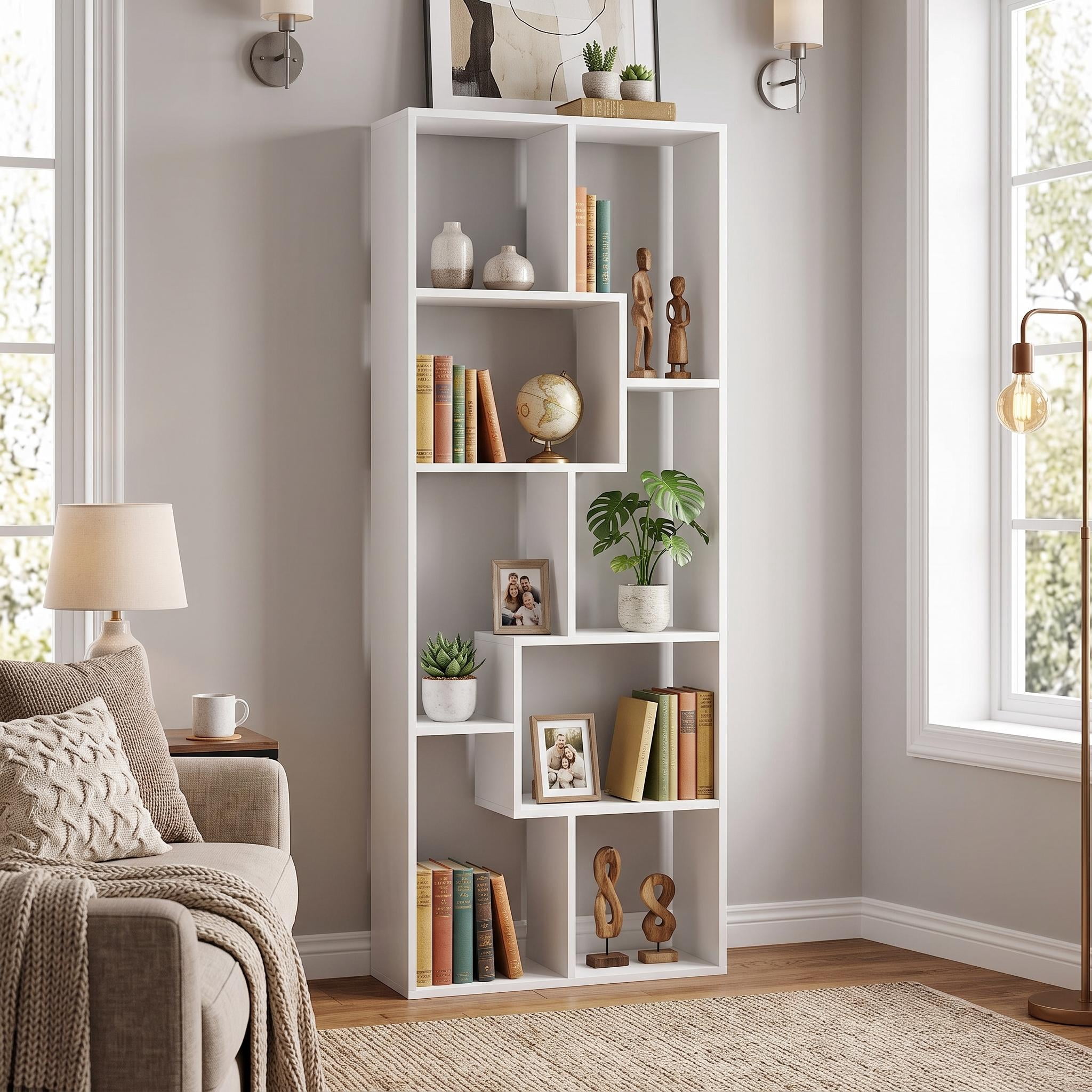 Homy Casa 71" Tall Geometric Bookcase, Open Display Shelf for Living Room & Home Office, White