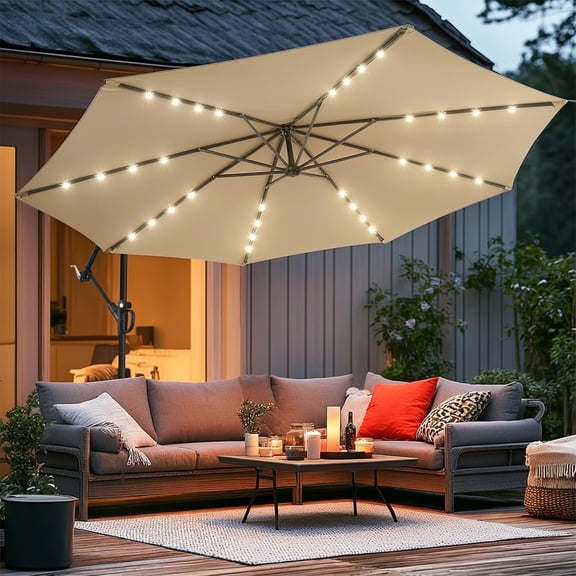 wikiwiki 10ft Solar LED Offset Patio Umbrella, Outdoor Cantilever Patio Umbrellas with Solar Lights for Backyard, Poolside and Garden, Easy Tilt Adjustment, 32 LED Lights & Polyester Shade, Tan