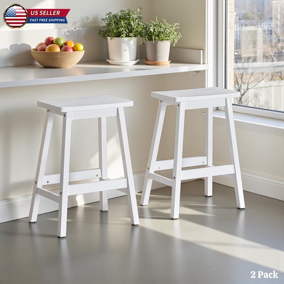Hassch White Bar Stools Set of 2, 24.2" Counter Height Pine Wood Saddle Seat Stools with Footrests, for Dining Room, Kitchen Island, Home Pub