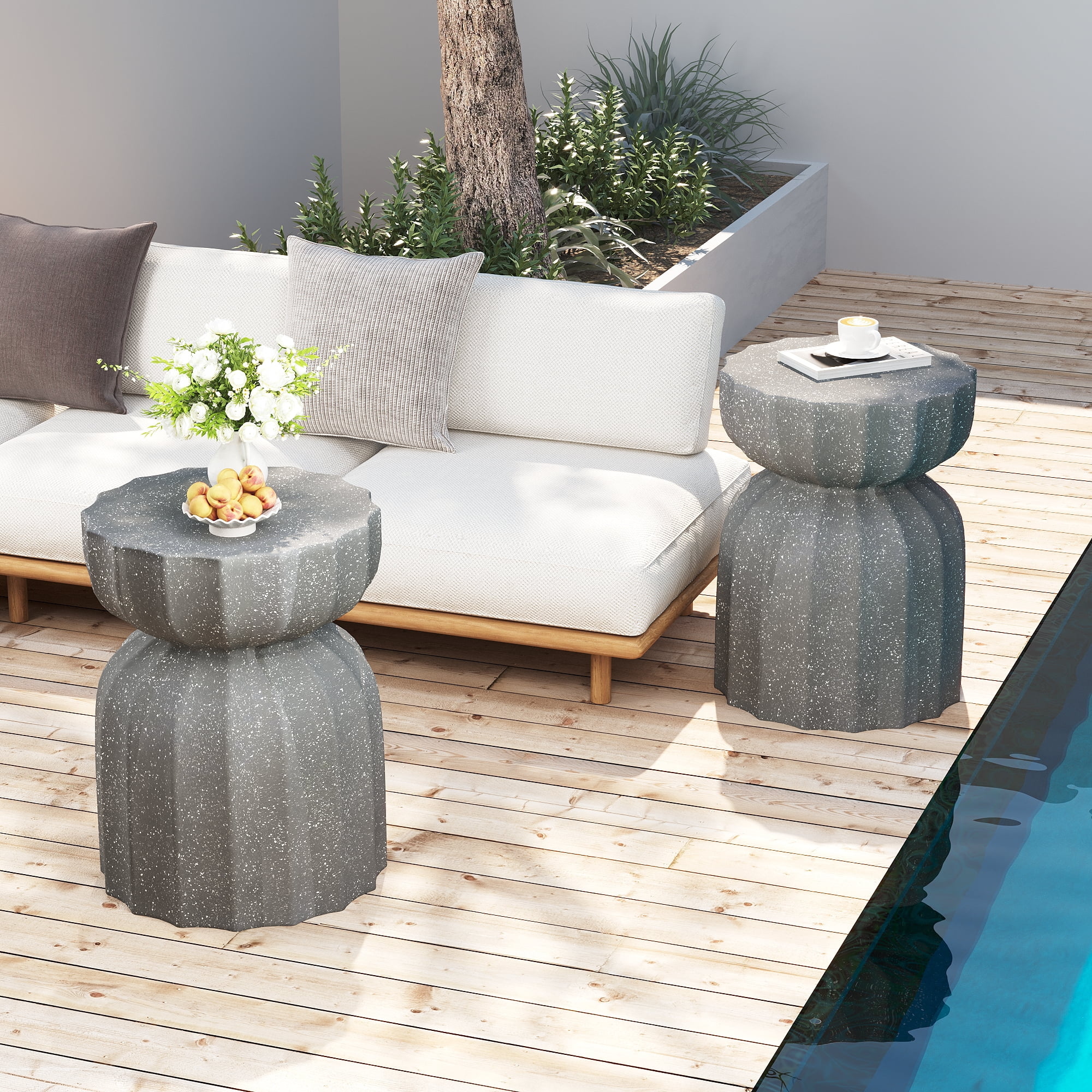 2 Piece Outdoor Accent Table Set, Waterproof Cement Style Round Side Coffee Table Combo for Yard Use, Grey