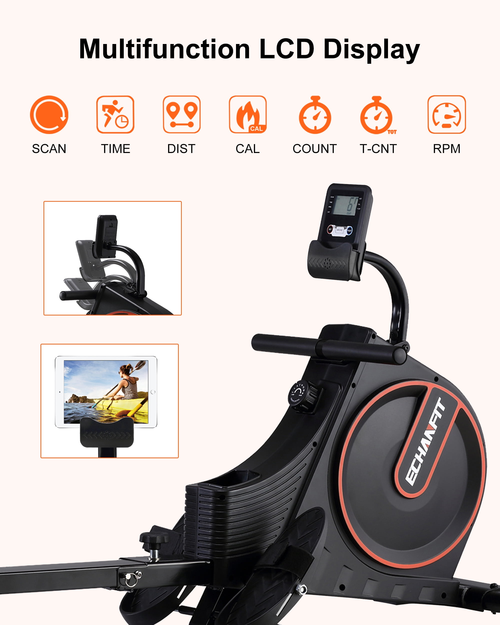 ECHANFIT Rowing Machine with LCD Monitor 16 Levels Magnetic Adjustable Resistance 350 lb Weight Capacity for Home Office Use