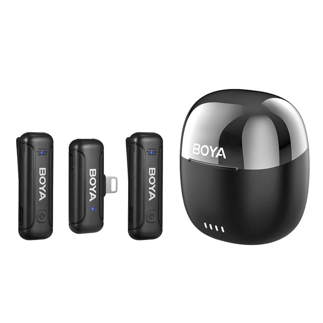 BOYA BY-WM3T-D2 Dual-Transmitter 2.4GHz Wireless Lavalier Microphone System with Lightning Connector for iOS Devices, 100m Range, 10-Hour Battery Life, Smart Noise Reduction, Plug-and-Play Design,