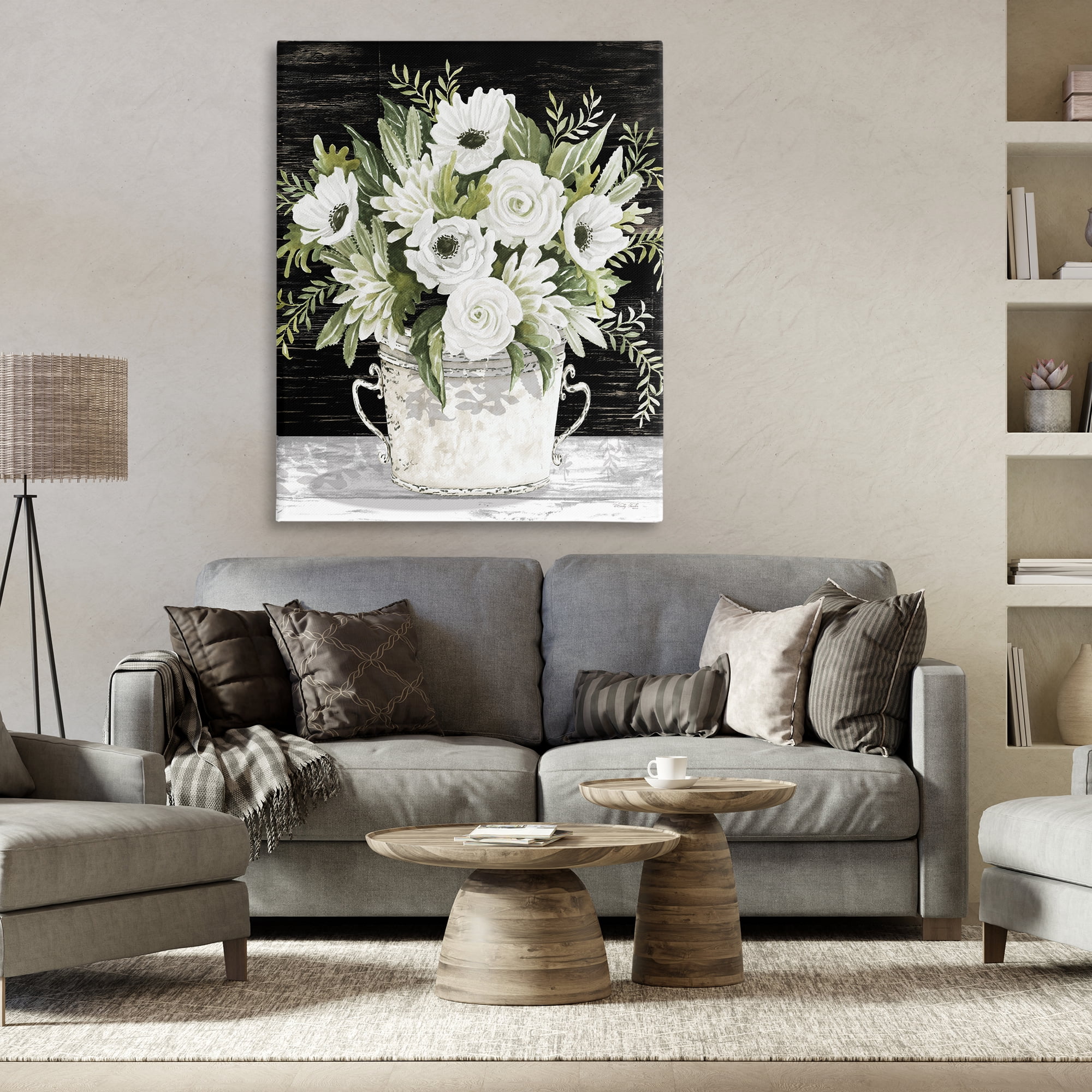 Stupell Industries White Flowers Country Tin Plants & Flowers Painting Wrapped Canvas Art Print Wall Art, 36 x 48