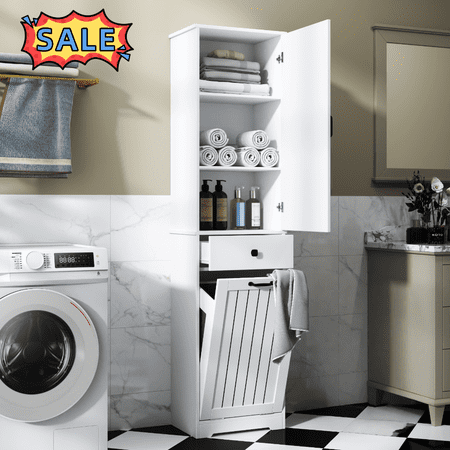 Tcbosik Tilt Out Laundry Hamper Cabinet 70.8 inch Bathroom Storage Cabinet with Laundry Storage Basket & Drawer Hidden Can Bin Cabinet with Door for Kitchen White