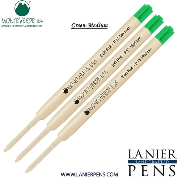 Lanier Combo Pack - 3 Pack - Monteverde SoftRoll Ballpoint P13 Paste Ink Refill Compatible with most Parker Style Ballpoint Pens - Green (Medium Tip 0.7mm)