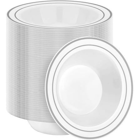 200 Pack Disposable Soup Bowls with Silver Rim, 12oz Premium Heavy Duty Plastic Dinner Bowls for Party, Wedding and Holiday