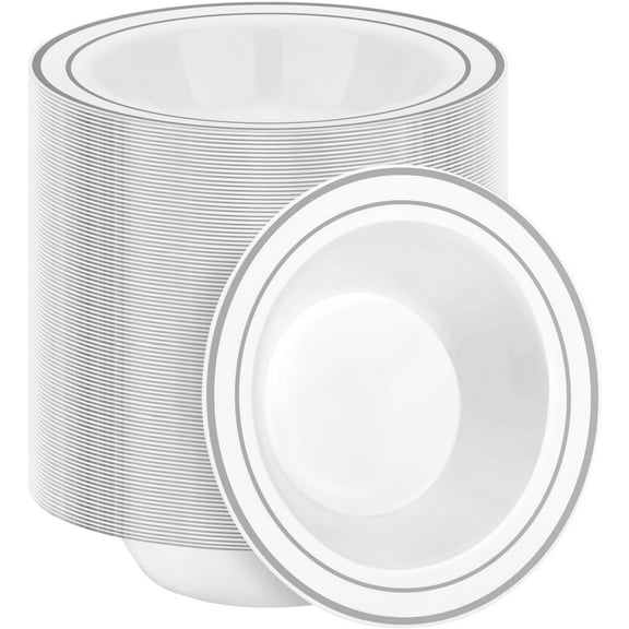 200 Pack Disposable Soup Bowls with Silver Rim, 12oz Premium Heavy Duty Plastic Dinner Bowls for Party, Wedding and Holiday