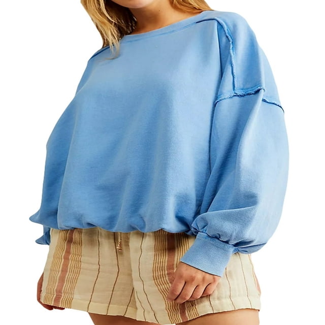 Chandail Col Rond Ample à Manches Longues Couleur Unie pour Femmes