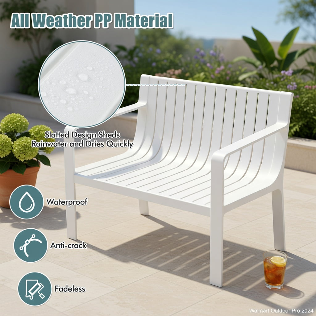 Hommoo Weather-Resistant Plastic 2-Person Outdoor Patio Loveseat Bench, Curved Backrest, White