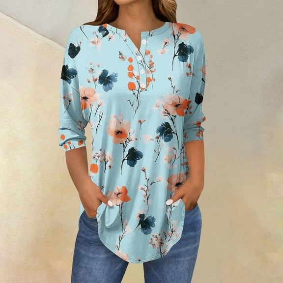 Simua 3/4 Sleeve Tops for Women Casual Button V Neck T Shirts Floral Printed Work Blouse Shirt for Women