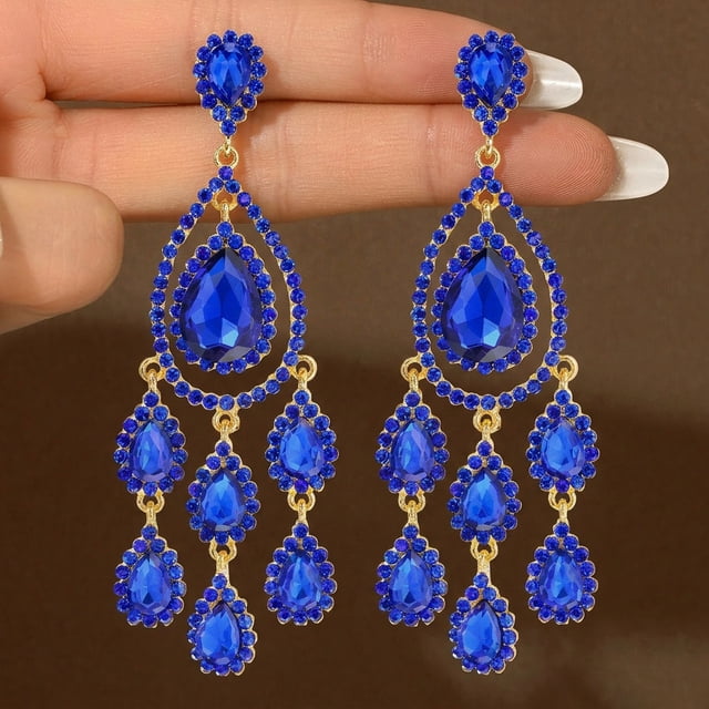 AEXTO Long Full Rhinestone Teardrop Crystal Dangle Chandelier Drop Earrings Fashion Jewelry
