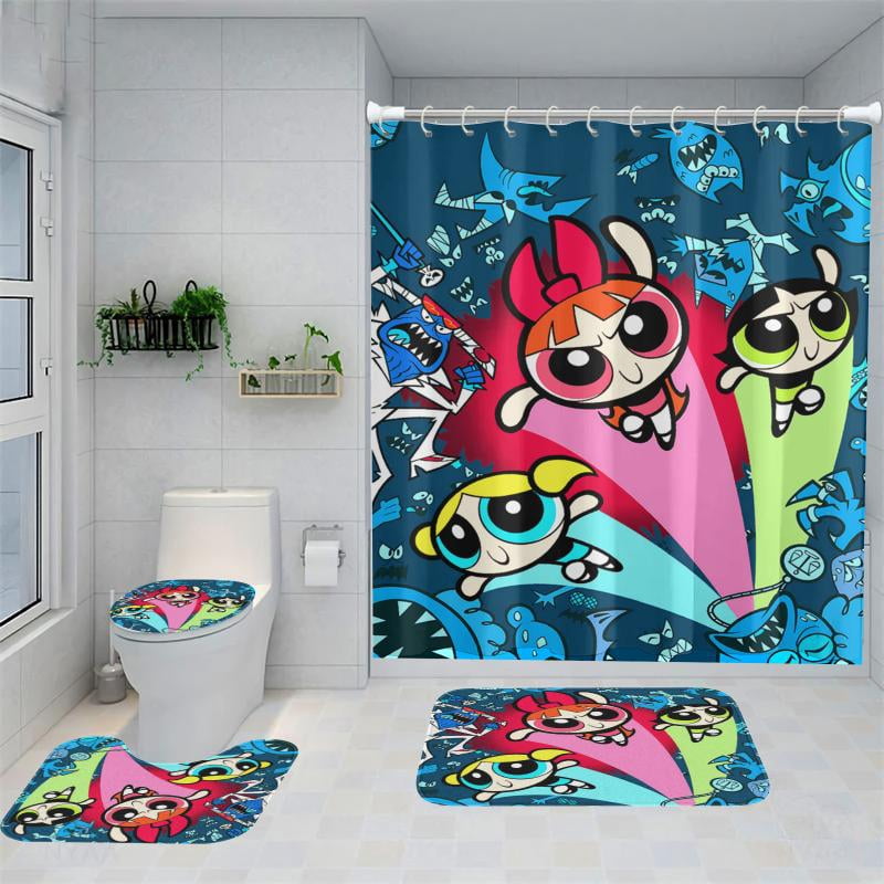 Lheaggik Cartoon Powerpuff Girl 4 Pcs Bathroom Sets with Shower Curtain and Rugs, Waterproof Polyester Shower Curtain Sets with Hooks