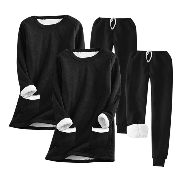 Puntoco 2 Piezas De Mujer De Color Sólido Cuello Redondo Bolsillo De Terciopelo Grueso Cálido top De Manga Larga + Pantalones De Terciopelo Traje Negro L