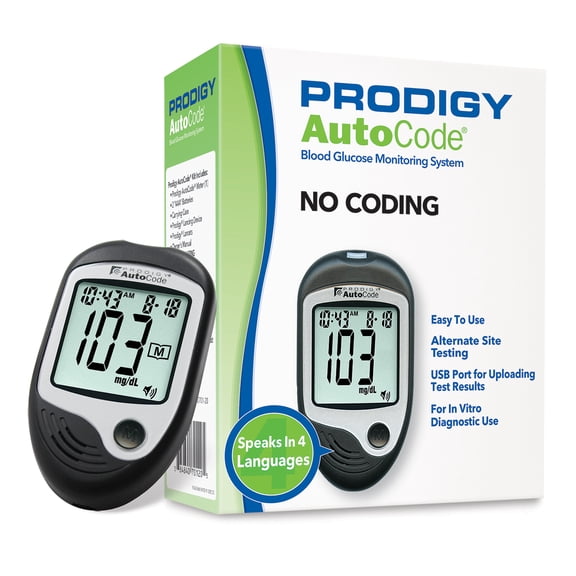 PRODIGY Autocode Blood Glucose Monitoring System, Talking Meter, No Coding, Adjustable Depth Lancing Device, Twist Top Lancets 28G (10ct), Carrying Case, Quick Reference Guide, Owner’s Manual