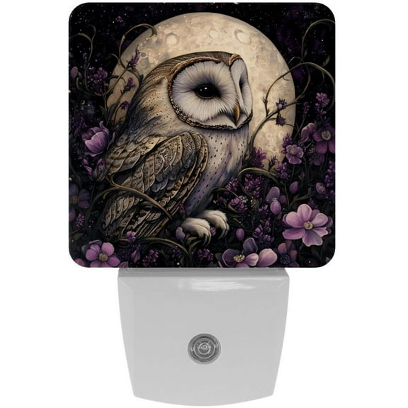 PhooArto Owl Purple Flowers and Moon Plug in LED Night Light Auto Sensor Dusk to Dawn Decorative Night for Bedroom, Bathroom, Kitchen, Hallway, Stairs, Baby's Room, Energy Saving