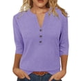 thumbnail image 3 of 3/4 Length Sleeve Tops for Women with Buttons V Neck Pullover Basic Tees Solid Casual Summer T-shirts (XL, Purple), 3 of 6
