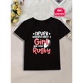 thumbnail image 1 of Rugby T-shirt - Girls' Cotton Knit Top with "Never Underestimate a Girl Who Plays Rugby" Print - Casual Spring/Summer T-Shirt for Kids, 100% Cotton, Round Neck, Regular Fit, Alphabet Patter, 1 of 6