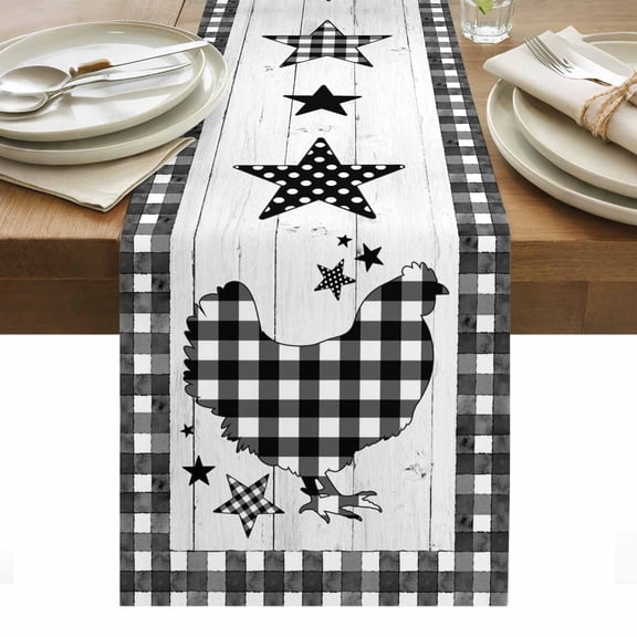 Chicken Hen Table Runner - 120 Inch Long, Kitchen Dining Table Runner Dresser Scarves, Rooster Animals Farmhouse Plaid Country White Wooden Farmhouse Decor for Coffee Tables Wedding Party Banquet