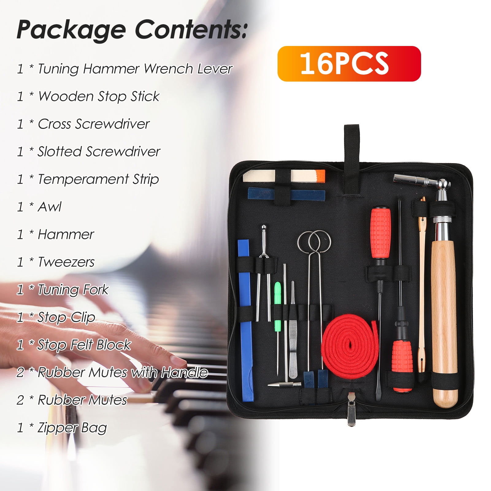 Piano Tuner Hammer Kit 16pcs Piano Tuning Kit Professional Tuning Tools Set Long Handle Tuning Wrench Rubber Mutes Screwdriver Tweezers Hammer Temperament Felt Strip Fork for Piano Tuner with Bag