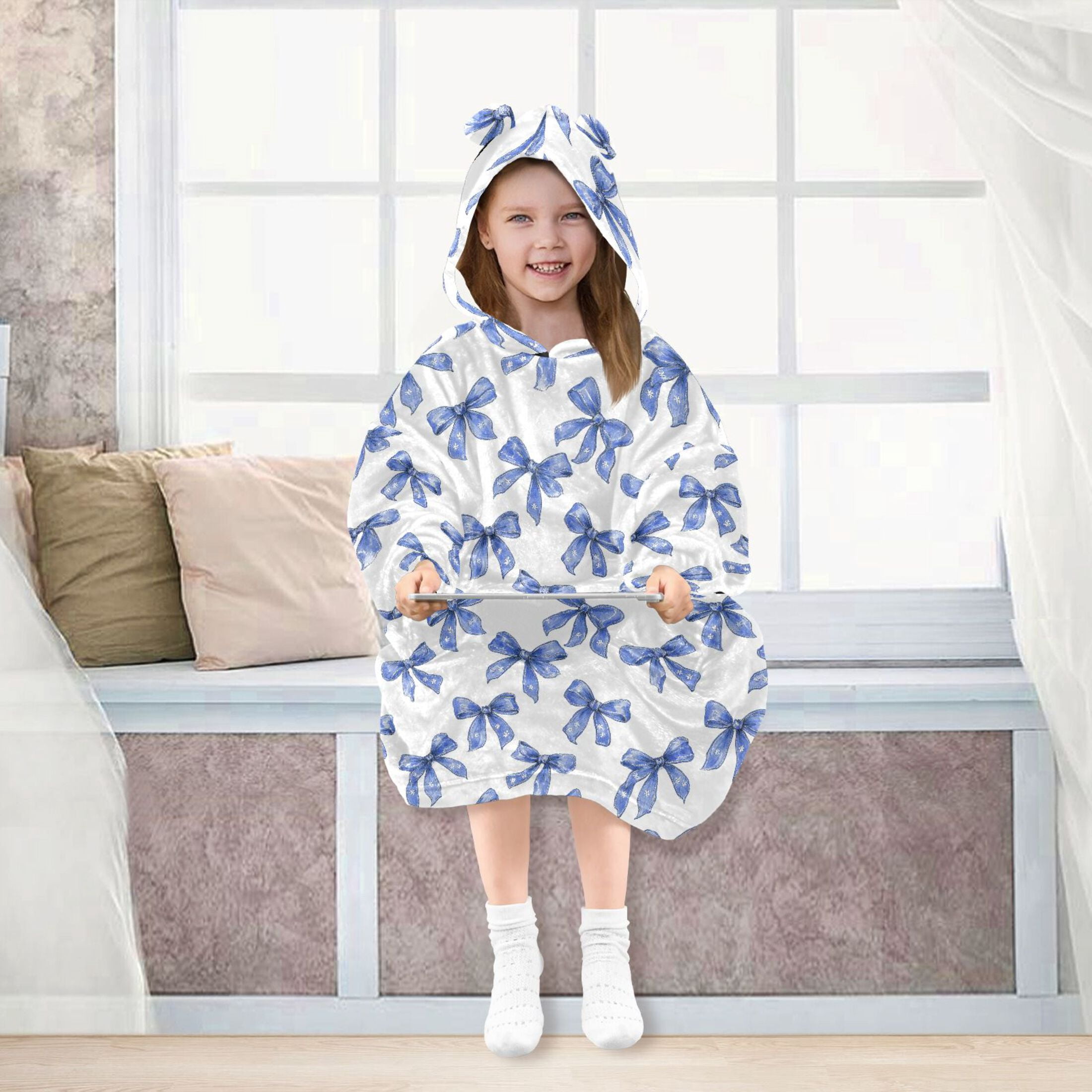 Wearable Blanket Hoodie for Kids Blue Bow Art Flannel Hooded Blanket with Pockets and Sleeves Suitable for Boys and Girls