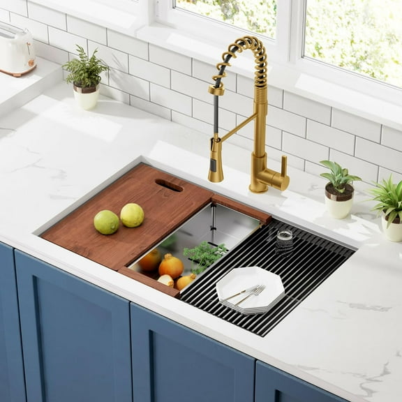 32 inch Undermount Workstation Kitchen Sink, 304T Stainless Steel Single Bowl Kitchen Integrated Ledge Workstation Under Counter Single Bowl Sink Basin