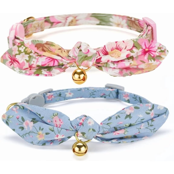 Bowtie Cat Collar with Bell, 2 Pack Cotton Breakaway Kitten Collars with Removeable Bow Stylish Cat Collars