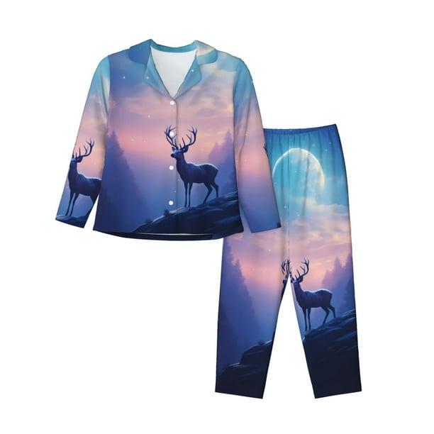 Balery Night Sky Elk Conjunto de Pijama con Estampado para Mujer, Conjunto de Dos Piezas con Manga Larga, Ropa de Dormir Suave con Bolsillos, Pijamas Cómodos-Large