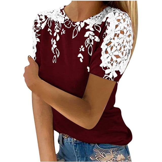 Camisas de Manga Corta para las Mujeres Impresión Cuello Redondo Suéter Encaje Camisa, Blusa de Verano Casual para las Mujeres
