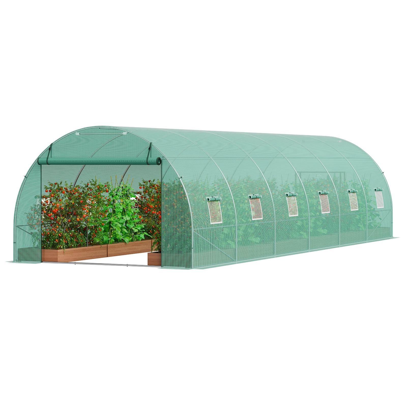 KFFKFF Tunnel Greenhouse, 29.2x9.7x6.5 ft, with Sturdy Galvanized Steel Frame and Green PE Cover, Features Roll-up Zipper Door and 12 Windows, Ideal for Extended Plant Growing Seasons