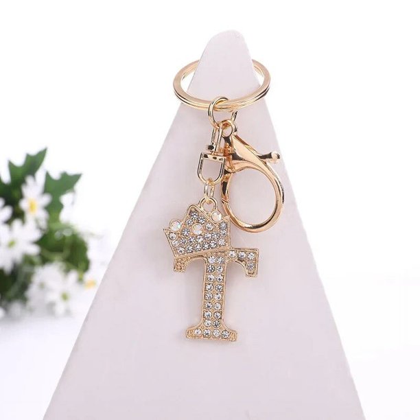 LLavero de Metal con letras de corona de lujo, llavero de diamantes de imitación de moda, 26 letras
