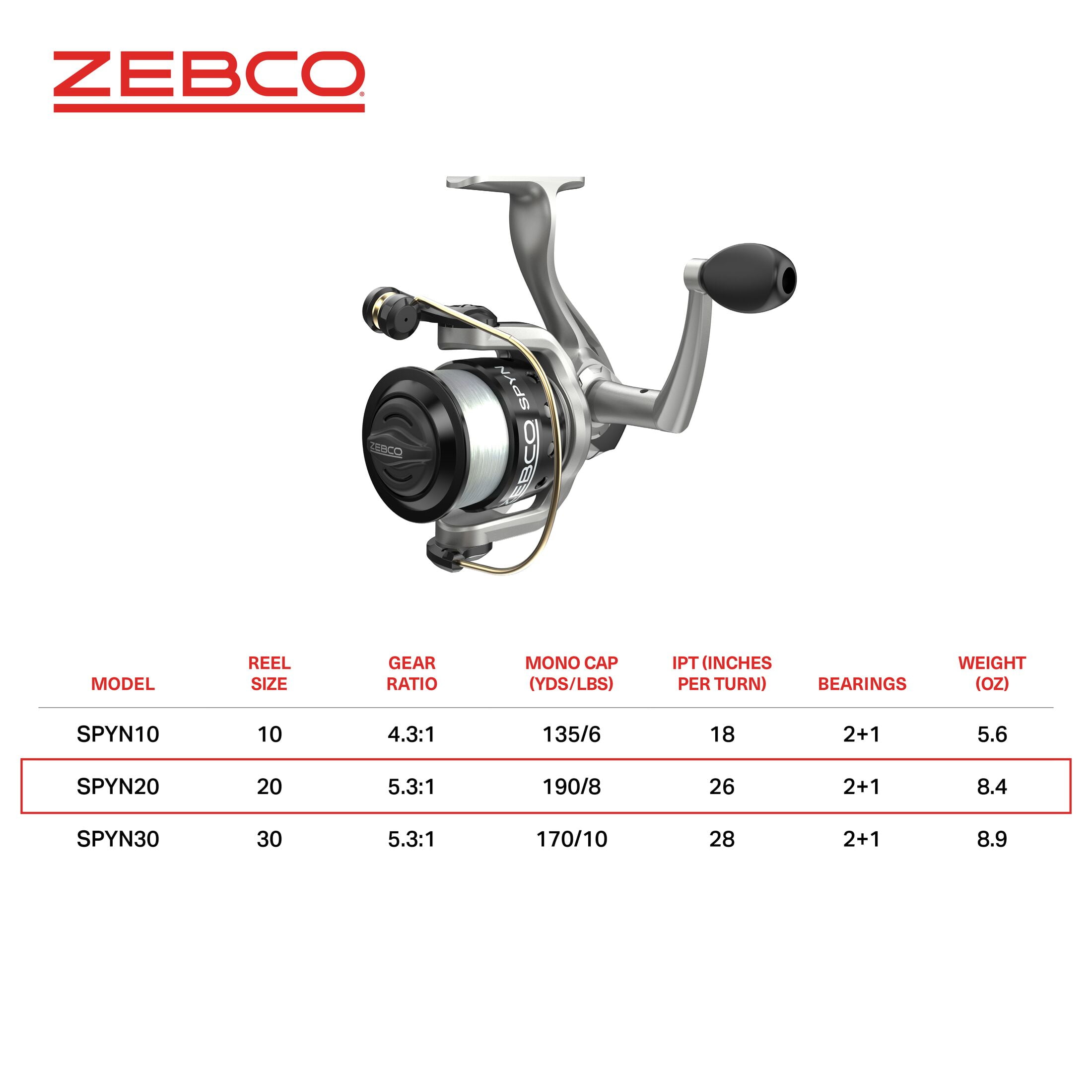 Zebco Spyn Spinning Fishing Reel, Size 20 Reel, Aluminum Spool, Super Tough Titanium-Nitride Plated Bail Wire, 5.3:1 Gear Ratio, Pre-Spooled with 8-Pound Zebco Line, Silver/Black (Clam Packaging)