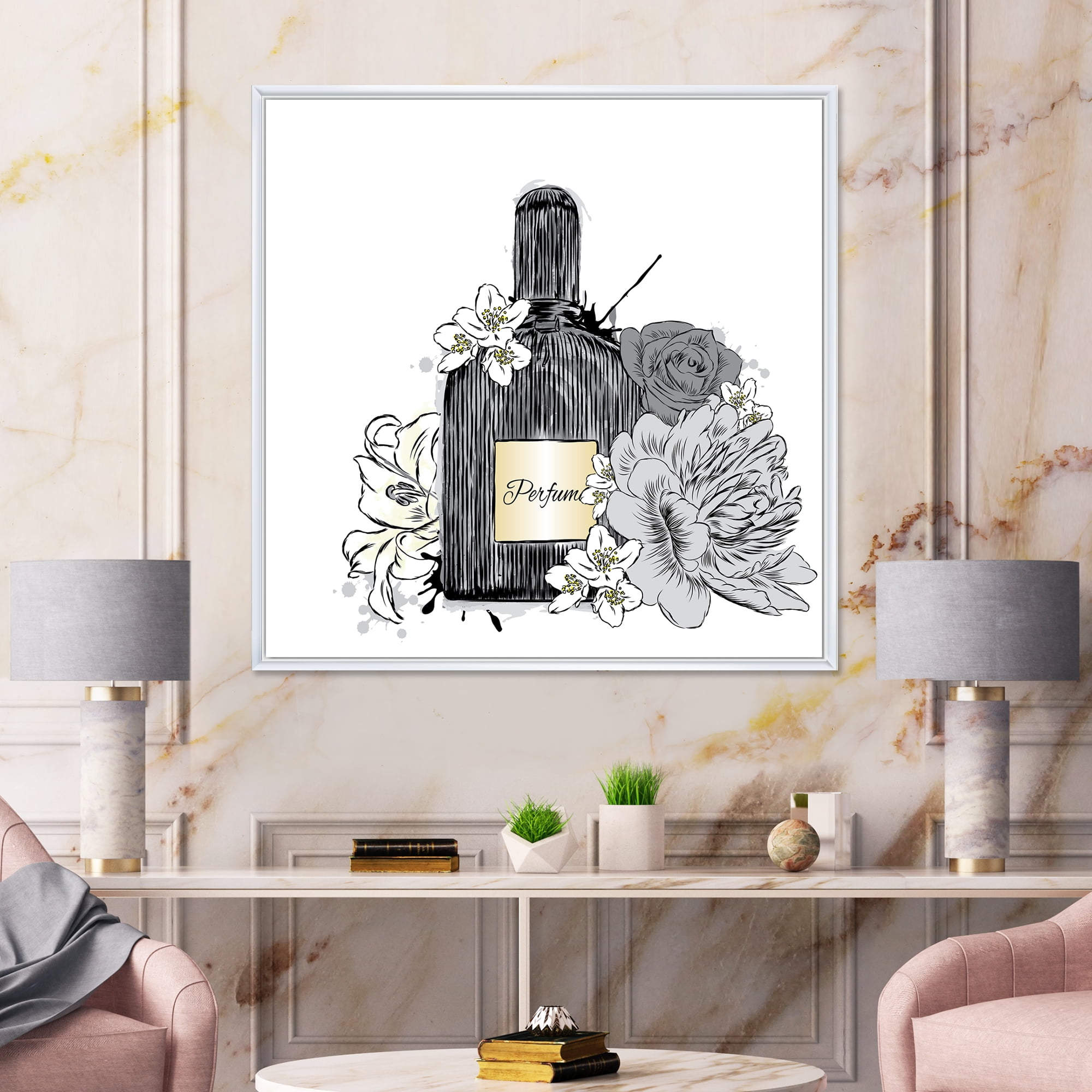 Designart 'Bouquet of Flowers and Perfume Bottle III' Traditional Framed Canvas Wall Art Print